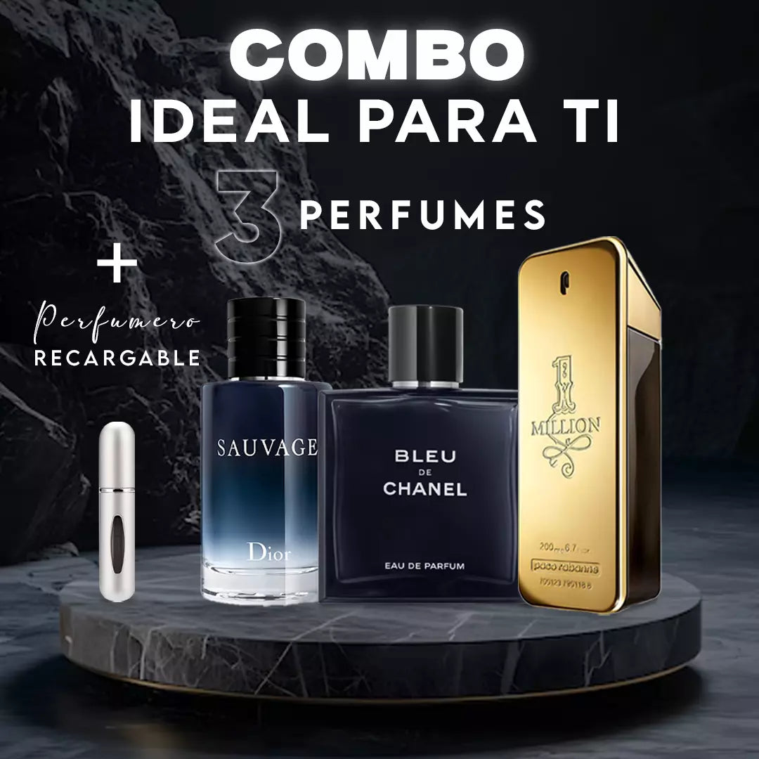 Combo Alpha Elite – Sauvage, Bleu de Chanel, One Million + Perfumero Recargable