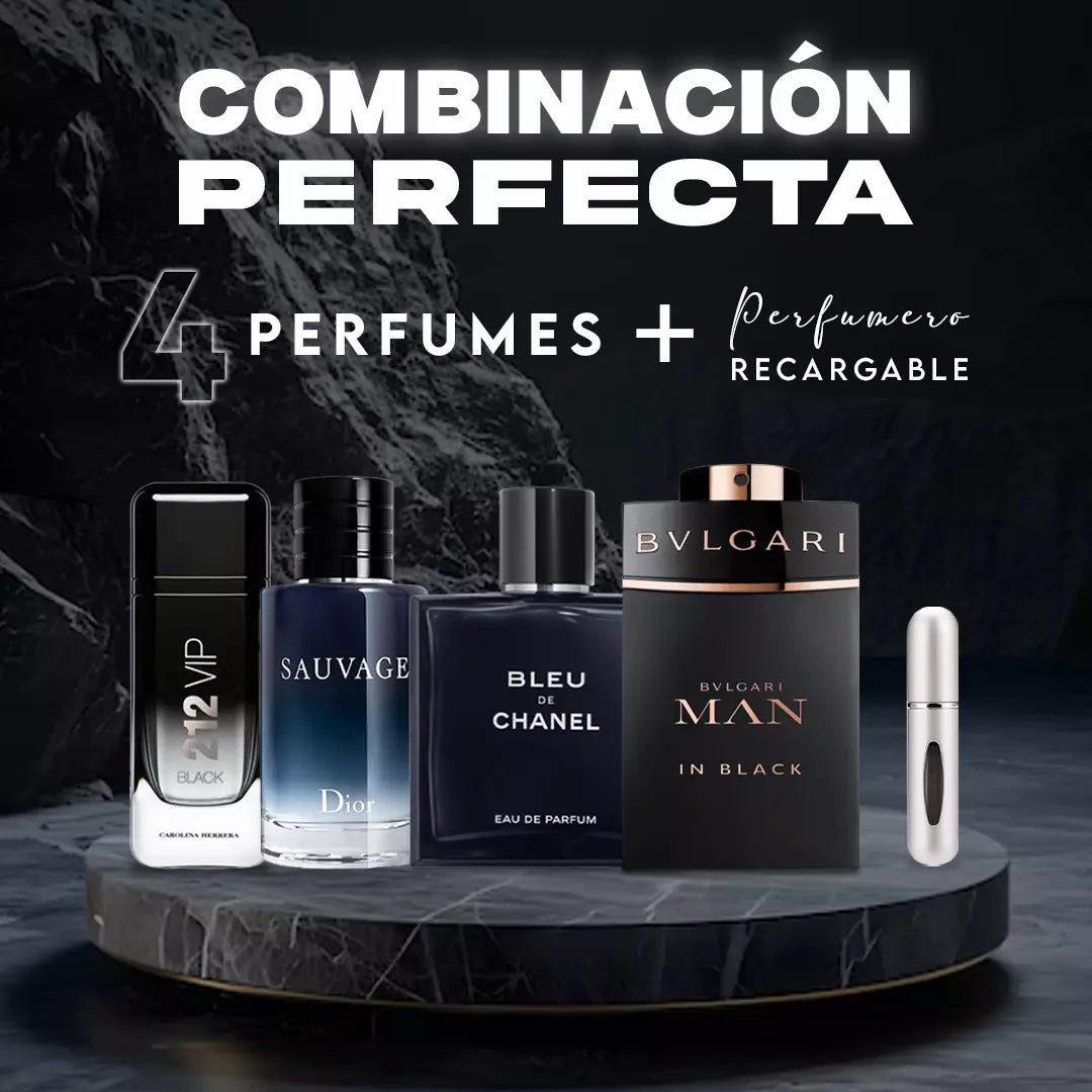Combo Dark Seduction – Bleu de Chanel, 212 VIP Black, Sauvage, Bvlgari Man in Black + Perfumero Recargable