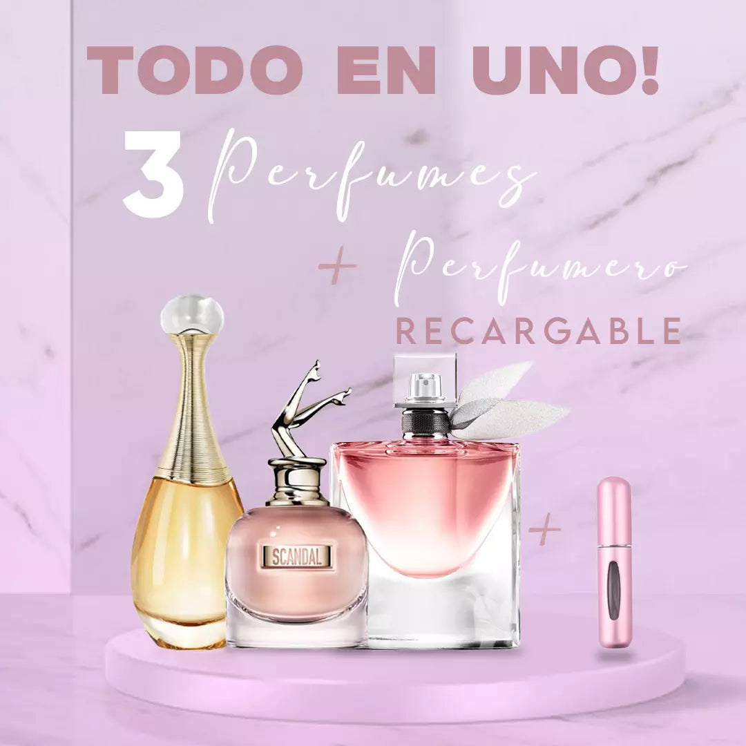 Combo Divine Essence – Scandal, J’adore, La Vie Est Belle + Perfumero Recargable