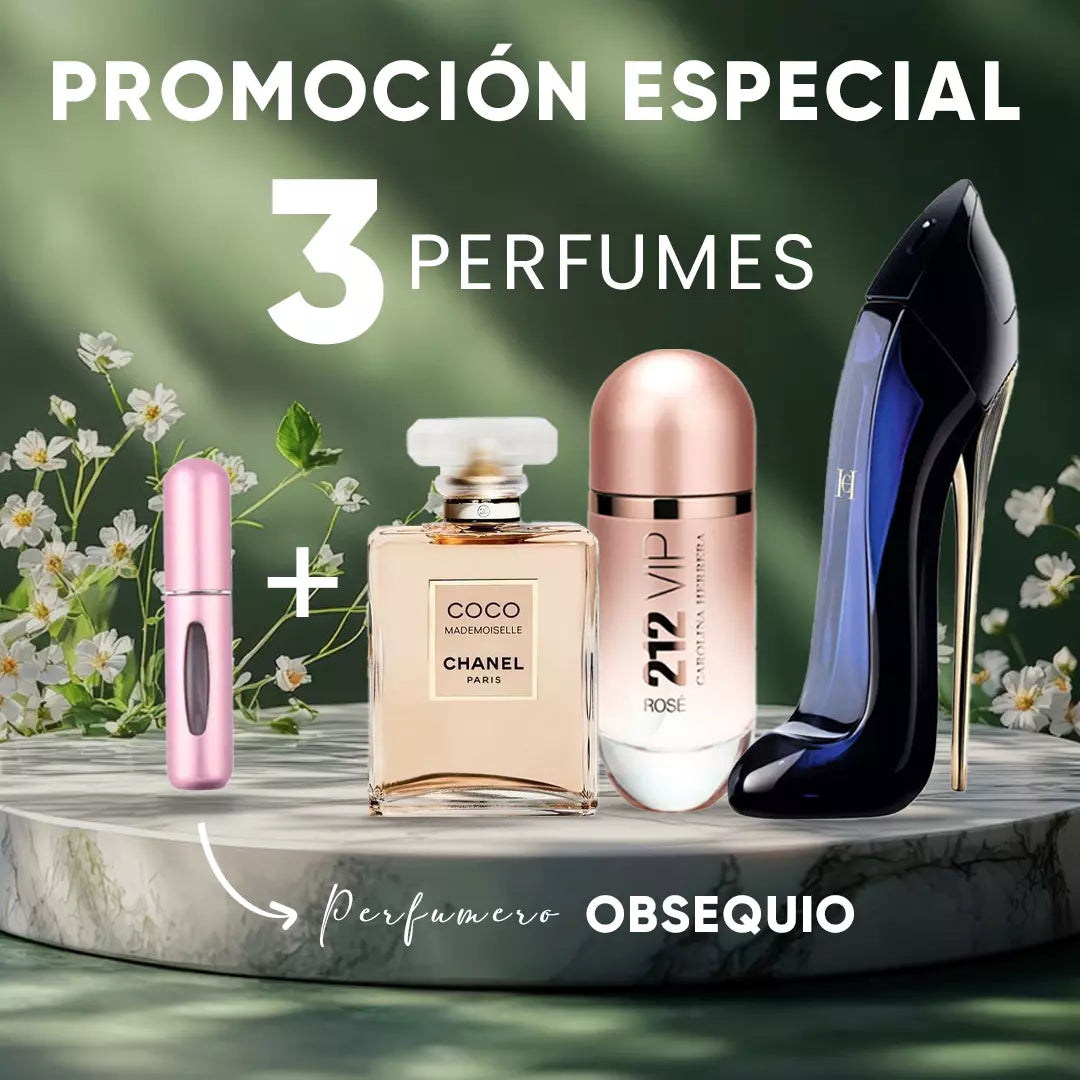 Combo Femme Luxe – Good Girl, Coco Chanel, 212 Rose + Perfumero Recargable
