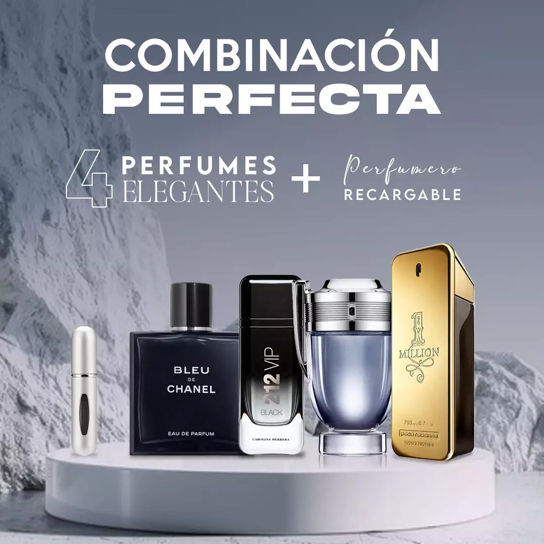 Combo Power & Prestige – Invictus, One Million, 212 VIP Black, Bleu de Chanel + Perfumero Recargable