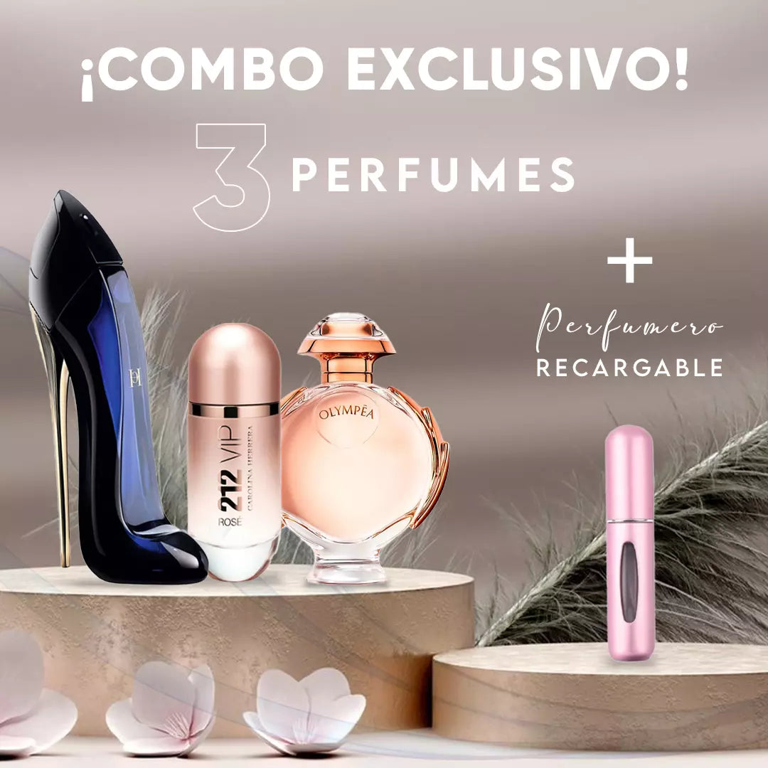 Combo Sensual Chic – Good Girl, Olympea, 212 VIP Rose + Perfumero Recargable