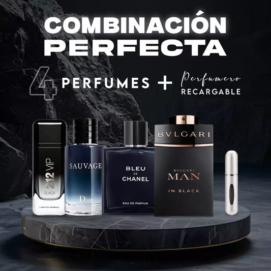 Combo Dark Seduction – Bleu de Chanel, 212 VIP Black, Sauvage, Bvlgari Man in Black + Perfumero Recargable