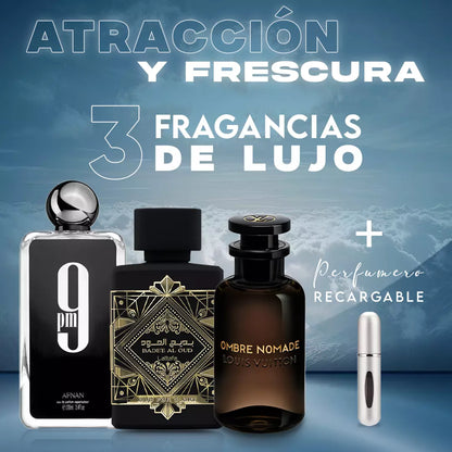 Combo Oud Intense – Lattafa Oud for Glory, Ombre Nomade, 9 PM + Perfumero Recargable