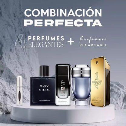 Combo Power & Prestige – Invictus, One Million, 212 VIP Black, Bleu de Chanel + Perfumero Recargable